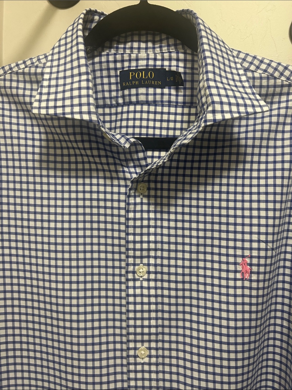 Polo by Ralph Lauren Blue and White Check Dress Shirt with Pink Logo